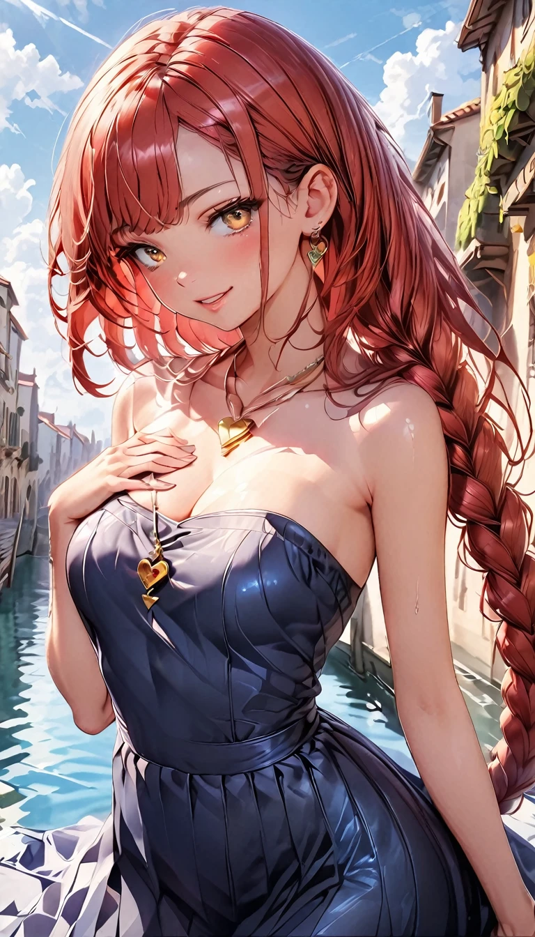 (highest quality:1.4), Very detailed, 8K, Vibrant, Best aesthetics, Accurate, (masterpiece:1.4),
BREAK 
(profile, Cowboy Shot:1.2), 1 beautiful girl, 18yo, small face, beautiful detailed face, narrow waist, The beauty and danger of growing from a girl to an adult, A symbol of miraculous beauty, Graceful posture, sensual, bewitching woman,  (cleavage), (coral red hair, shiny hair, A long single braid of hair flowing from the shoulder to the front:1.5), Swept bangs, 
BREAK 
(Deep Blue Dress, off shoulder, Strapless dress, Sleeveless:1.4), 
BREAK 
(A fantasy world cityscape:1.4), sunny afternoon, A city resembling Venice with canals, (Leaning against the railing of a bridge over a large river), Bright lighting, Beautiful world, Blown by the gentle wind, Soft sunlight that induces afternoon drowsiness, looking side glance, (left hand on own chest, five fingers:1.2), (vivid yellow eyes:1.4), Slit Pupils, beautiful detailed eyes, long delicate eyelashes, Meticulous Eyelash Details, (A golden heart-shaped pendant:1.5), 
BREAK 
(hot gaze, heart-shaped lips, beautiful detailed lips, Glossy, Open Mouth, Leaking sigh), seductive smile,