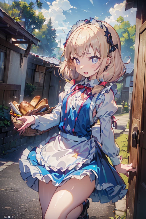 (perky chest:1.2), (pointed chest:1.2),(((Black Tunic:1.3))),(((cakes and bread in the basket),Cute and beautiful girl,Cute round face,Cute smile,with blush cheeks,Red Lip,a girl 22 years old, nsfw:1.2, beautiful body:1.3), shinny skin, BREAK, ((alice in the wonderland:1.3, cute, kawaii, lovely, funny, a girl falling down from sky:1.3, girl flying in sky:1.2, girl floating in air:1.3, rolling upskirt by wind:1.5, (with sparkling eyes and a contagious smile),open mouth, Looking at Viewer, surprised, putting hands on crotch over the skirts:1.35)), BREAK, ((floating things as follows:1.3, PlayingCards, Trump, tea cup, tea pot, tea spoons, pocket watch:1.3, lip sticks, candies:1.2, cookies, jam bottles, classical door_keys)), ((long purply_Blue dress :1.5, wearing long flaired skirt:1.3, the skirt is blowing:1.3, cute White Apron, black stockingedium long platinum-blonde hair:1.2, twin tail hair:1.6, tied hair with a large ribbon), (Blue eyes, bright pupils with highlights, detailed eyes), (lying down on your back:0.7, spreading legs with rising up straight:0.7), sexy posture, fantastic colorful art, (fantasy art:1.2, wondered images), ((correct anatomy:1.5, perfect anatomy:1.3, correct hand, small foot:1.2)),