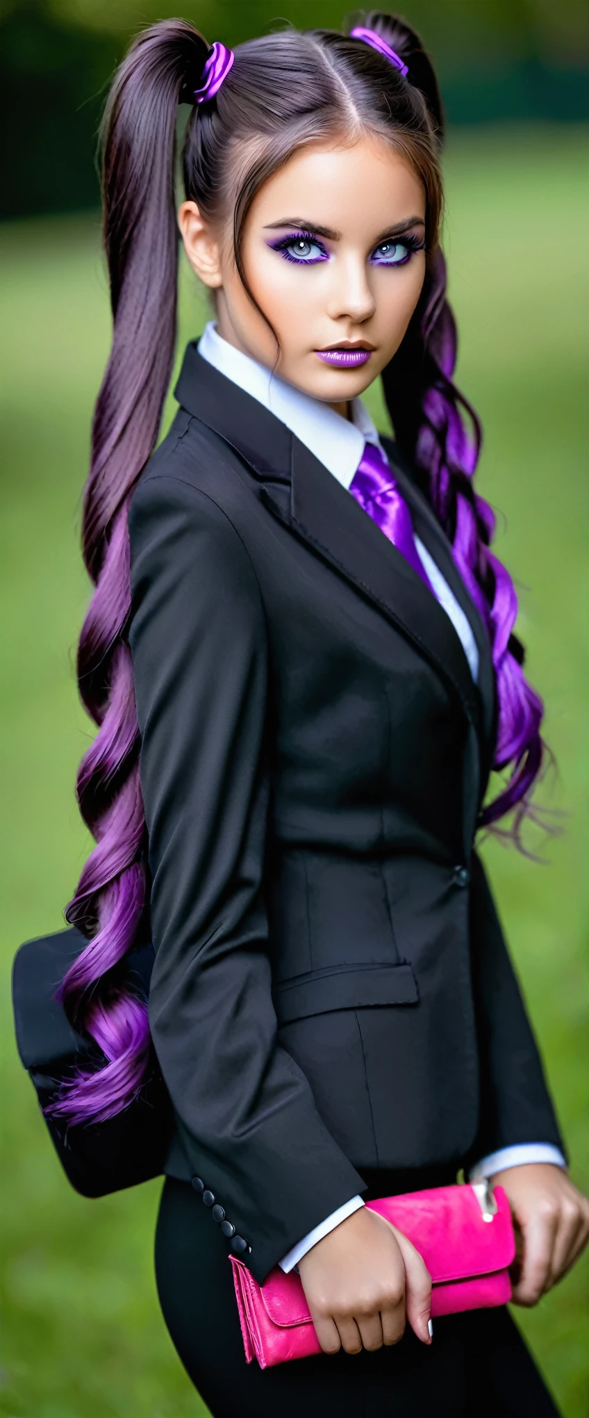 ((Photo noire et violet)), Sublime femme avec deux très longues queues de cheval de chaque côté, double queues de cheval, double twin ponytails, twin tails, Lèvres détaillées, Yeux détaillés, regard intense, cils détaillés, visage détaillé, long cheveux violet, visage de séduction, ((maquillage violet)), photo du milieu du corps, ((porte un costume)),(( Une cravate violette, photo noir et blanc et violet, only black and white and purple photo)), (((photo noir et blanc et violet, only black and white and purple photo, le maquillage et les cheveux, b/w, B&W,long twin ponytails)))
