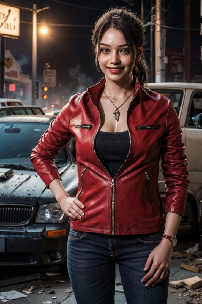 best quality, realistic, front pov, Nina Dobrev in a los angeles city street, (a female mexican supermodel), (sexy wine red leather jacket:1.1), cleavage, seductive smile, (dark hair), (updo hair:1.0), perfect eyes, sharp details, detailed face, face makeup, cheeks blush, eyeliner, eyeshadows, lip gloss, supermodel, (deep focus), (hard lighting), (night time), (realistic lighting:1.0)