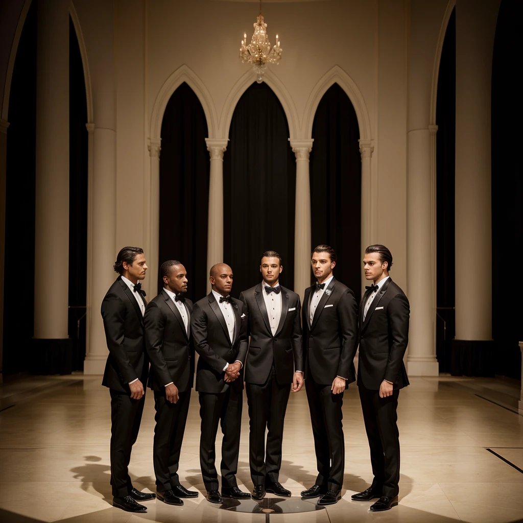 Capture the elegance and sophistication of four individuals, comprising four men. The four men don black tuxedos, They stand side by side on the grand opera stage, exuding an air of utmost refinement and poise. Ensure the image is a realistic, ultra HD portrayal of this scene.