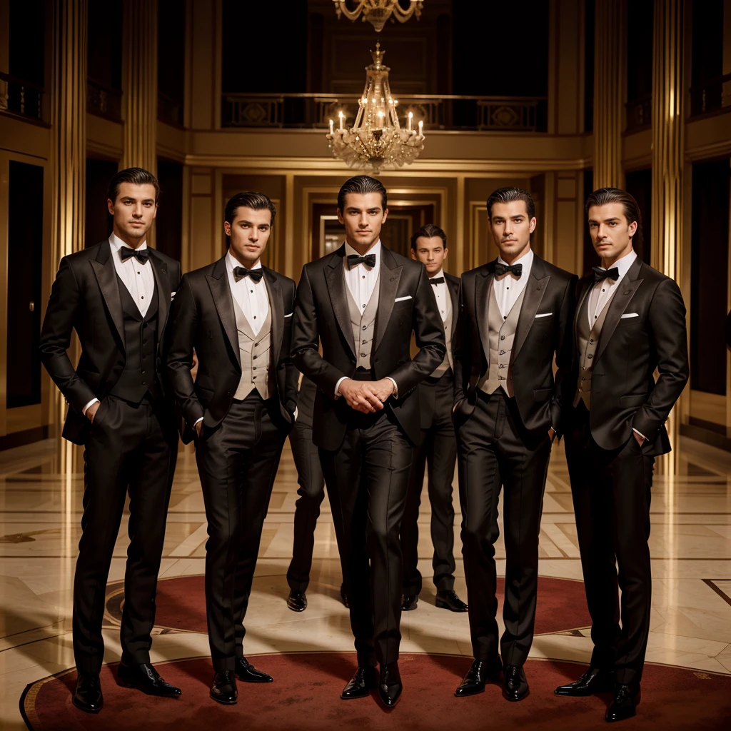 Capture the elegance and sophistication of four individuals, comprising four men. The four men don black tuxedos, They stand side by side on the grand opera stage, exuding an air of utmost refinement and poise. Ensure the image is a realistic, ultra HD portrayal of this scene.