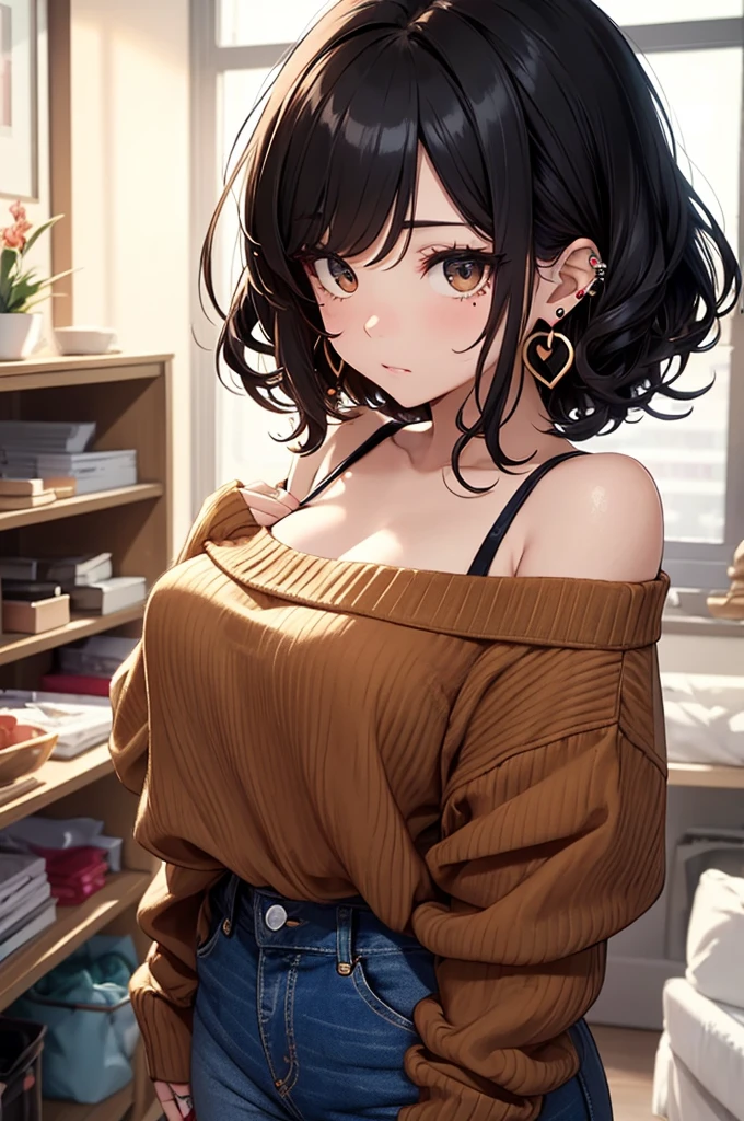 (Highest quality, High resolution,  Masterpiece, 4K), (Soft light、Luster of hair、Beautiful eyes)、young woman、The whole body is visible、Adorable smile、 ((Wavy medium short hair, bangs, Chestnut Hair)), ((Wistful eyes、Gray Eyes, Perfect Eyes)), ((Detailed face, blush:1.1)), ((Smooth texture:0.75, Realistic texture:0.65, Realistic:1.1, Anime CG Style)),Medium chest、Glamorous Body、(Sexy thighs、I see beautiful legs)、(Orange mini skirt,Off-the-shoulder sweater),Earrings、Angle from the front、Peeking into this、The hem of the shirt comes out、Angle from below