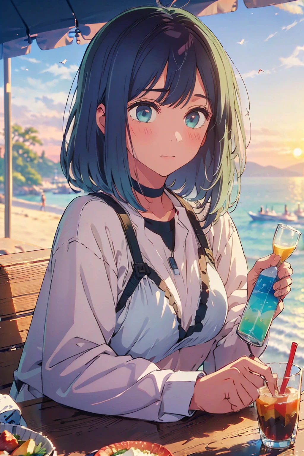 (Highest quality:1.4、masterpiece:1.4、Super detailed:1.4、8K:1.4)、F cup bust、Big Breasts、Slim body、((((1 person、sit、In the background are the urban buildings of Tokyo、looking at the camera、Outdoor café terrace、coastal、Navy hair color、juice、table、Very cute face))))、((((bikini))))、Big eyes、((((Shallow depth of field))))、(Sunset Beach:1.5、sunset:1.5、Holding a glass:1.1)