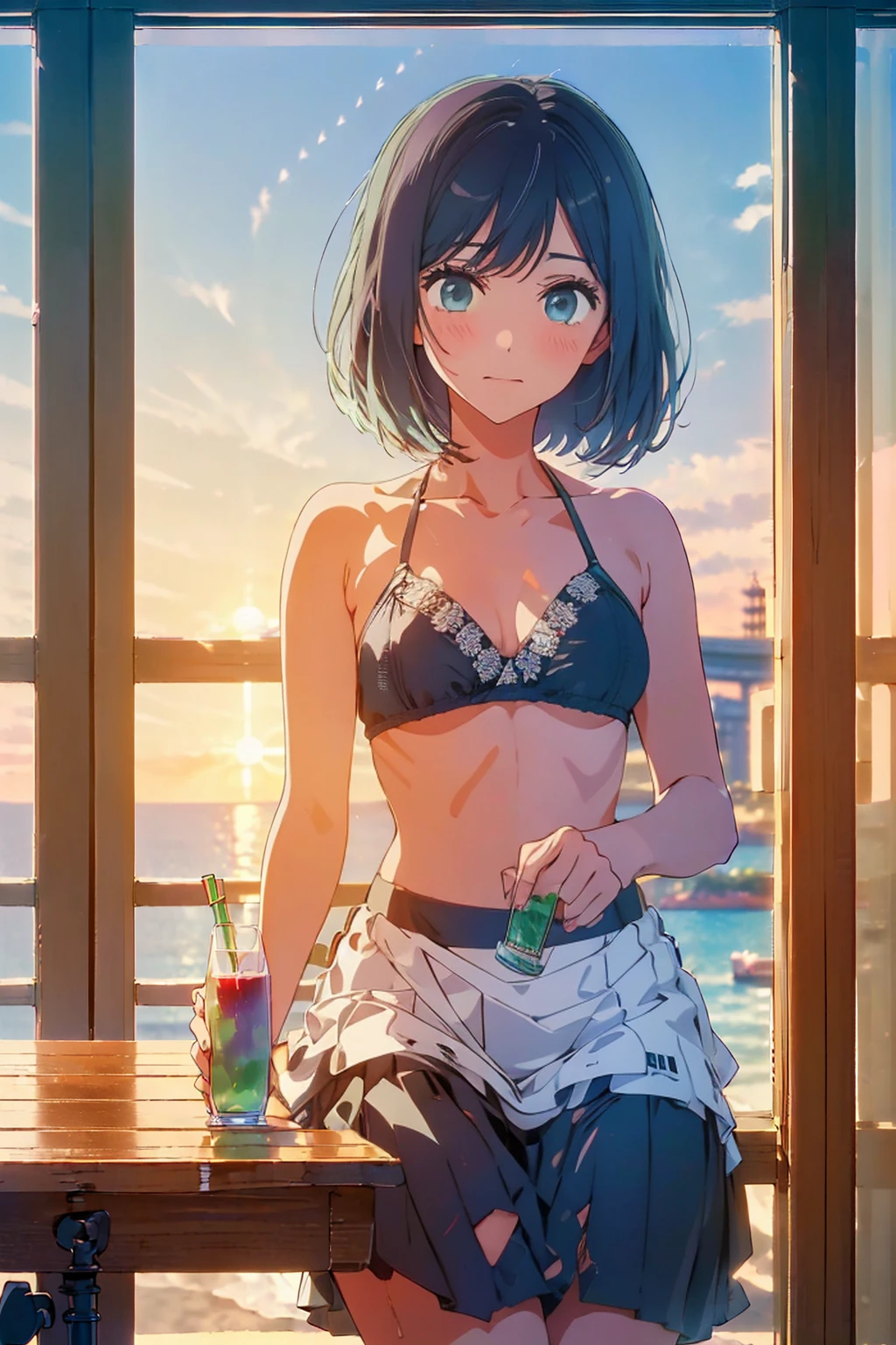 (Highest quality:1.4、masterpiece:1.4、Super detailed:1.4、8K:1.4)、F cup bust、Big Breasts、Slim body、((((1 person、sit、In the background are the urban buildings of Tokyo、looking at the camera、Outdoor café terrace、coastal、Navy hair color、juice、table、Very cute face))))、((((bikini))))、Big eyes、((((Shallow depth of field))))、(Sunset Beach:1.5、sunset:1.5、Holding a glass:1.1)