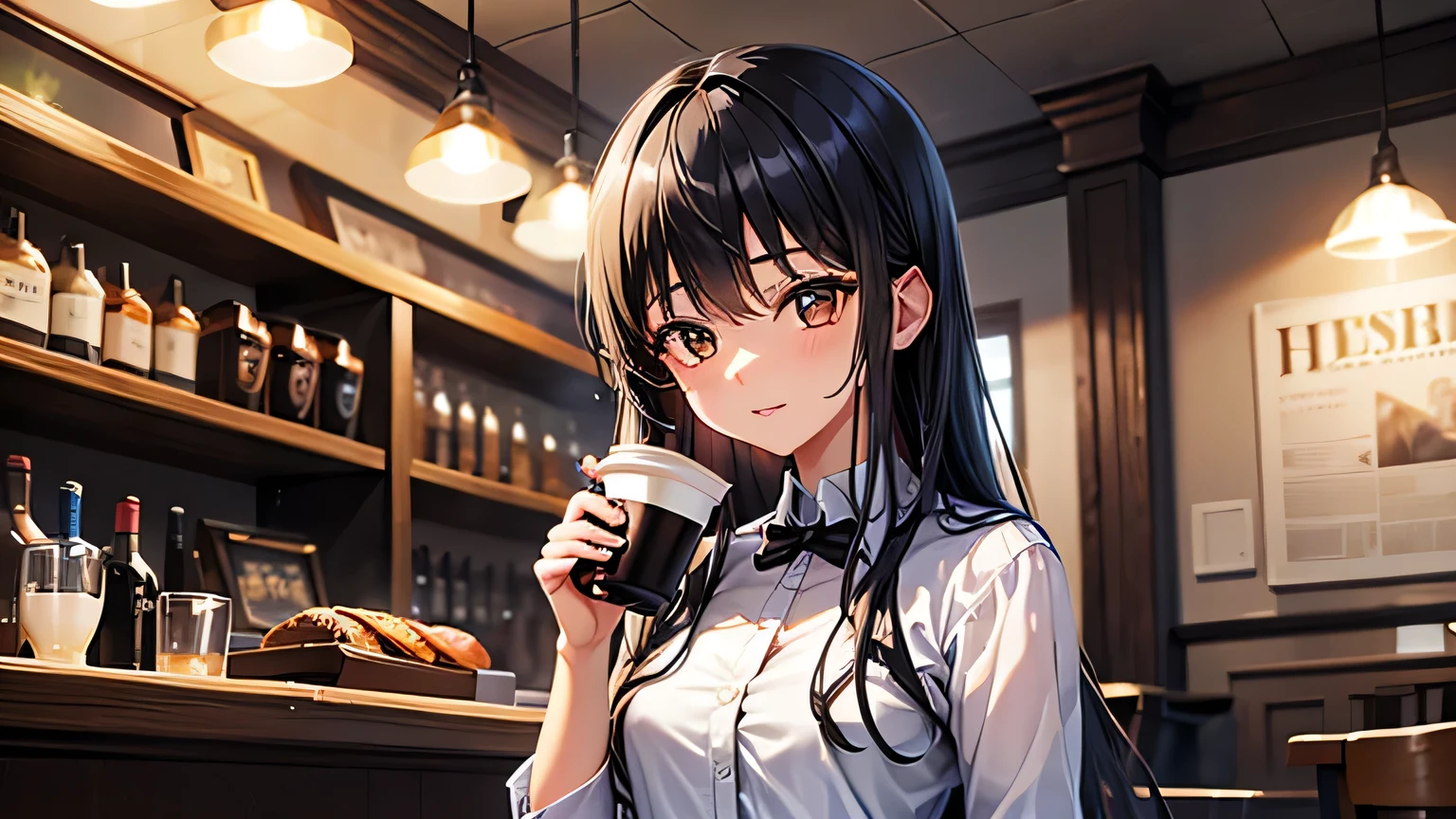 One Girl , Black Hair , Long Hair , Brown eyes , Cafe , Holding a cup