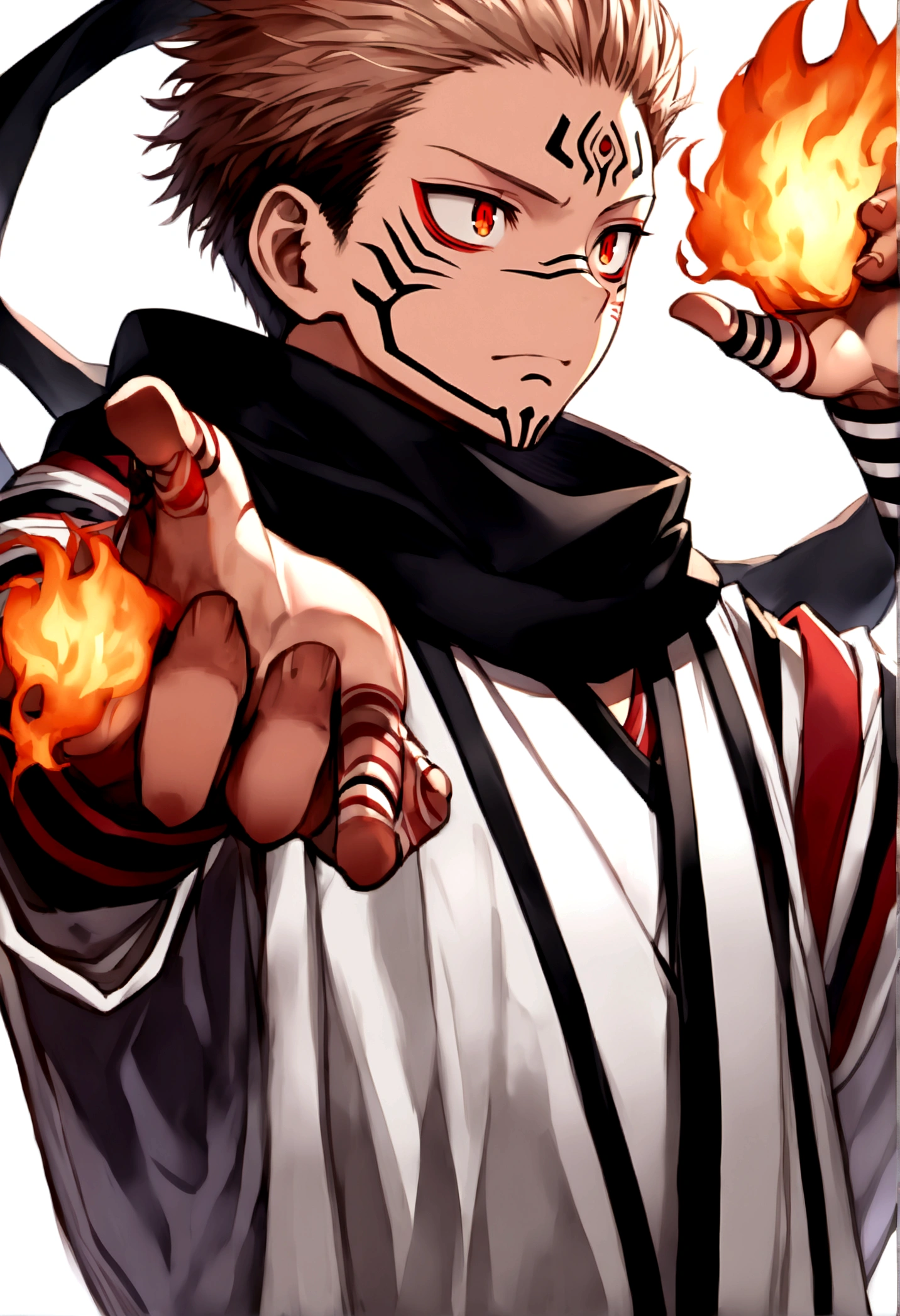 ryomen sukuna, fire in hand, ready to fight, upper body, no background, white kimono, wide sleeves, black scarf