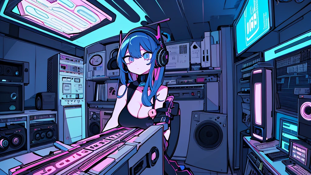 Best quality, (masterpiece), best detail face,1 girl, big breasts, 18 yo, 8k,absurdres,unity 8k wall paper,(extremely detailed:1.3), highest realistic, (retro headphones:), (soft neon light:), (psychedelic), Her room full of music equipment and records, sports wear , See the whole room, She is at the end of the room, dark blue color palette
