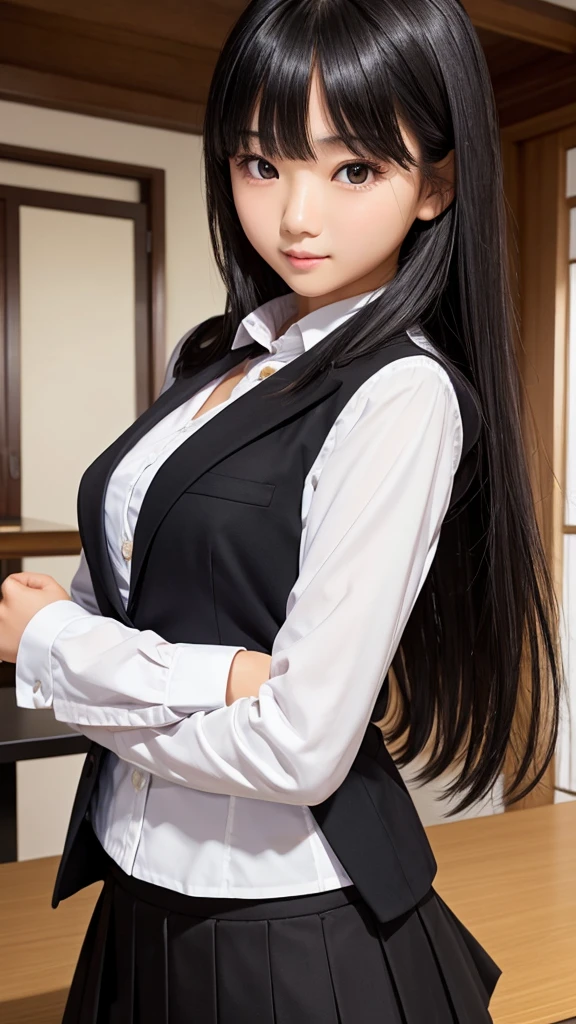 ((Tabletop)), (Detailed face), (highlight),　Asian Girl、Black Hair、Heavy bangs、high school girl、skirt、blazer、Support your chest with your arms、Gazing Eyes、