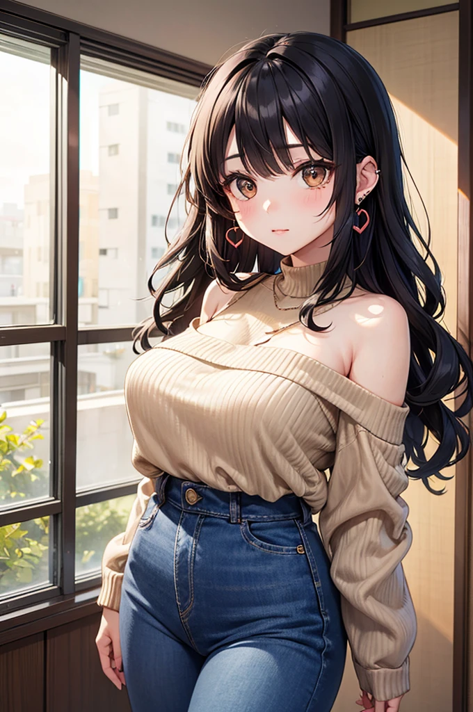 a person with black hair,brown sweater, wide round face, brown eyes, shoulder length hair, 4 ear peircings, wavy hair, large round eyes, heavy mascara and eyeliner, heart earings, bangs, japanese american, very cute, blue jeans, standing up in apartment