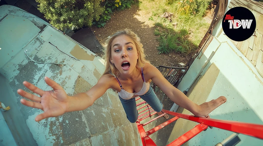 American woman, about 30 years old, white skin, fit body, long blonde hair, wearing a red bra, big breasts, wearing a short white skirt, standing on a red ladder, leaning back , extremely scared face, spacious background, eyebrow angle from above.