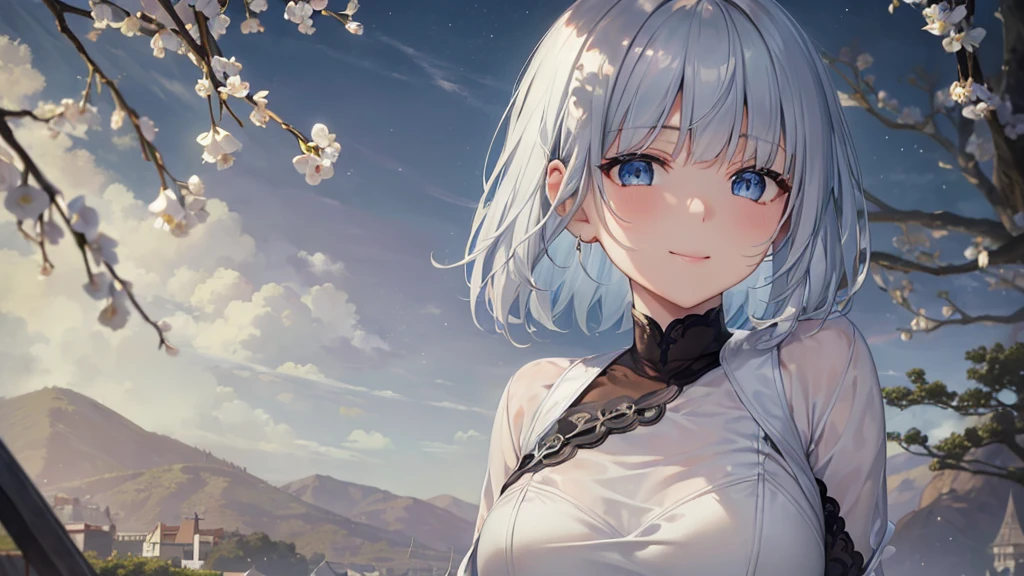 Ultra HD,Look at the viewers, Put your hands behind your back, With a girl, 20-year-old, 非常にShort Hair, Long bangs between the eyes, Pale blue eyes,  Very detailed,(masterpiece、Highest quality),Gray Hair、Laughter、Fantastic, Silver Hair, Iris,  Short hair、 Fluttering Hair、Small Face、明るいsmile、(Detailed face) ,Professional Lighting,Wonderful landscape,blue sky, sunlight,Looking down from above,Portraiture、Open your mouth、Flower Field、Her eyes were shining、Mysterious and enchanting atmosphere。With AI Painting、とてもShort Hair, Long bangs between the eyes, Very detailed,(masterpiece、Highest quality)、alone、Gray Hair、Fantasy, Silver Hair, Fantasyな風景、White shirt、smile、Open your mouth、short hair、Short Hair、hairpin、black eye、Grey Eyes、Beautiful Eyes、