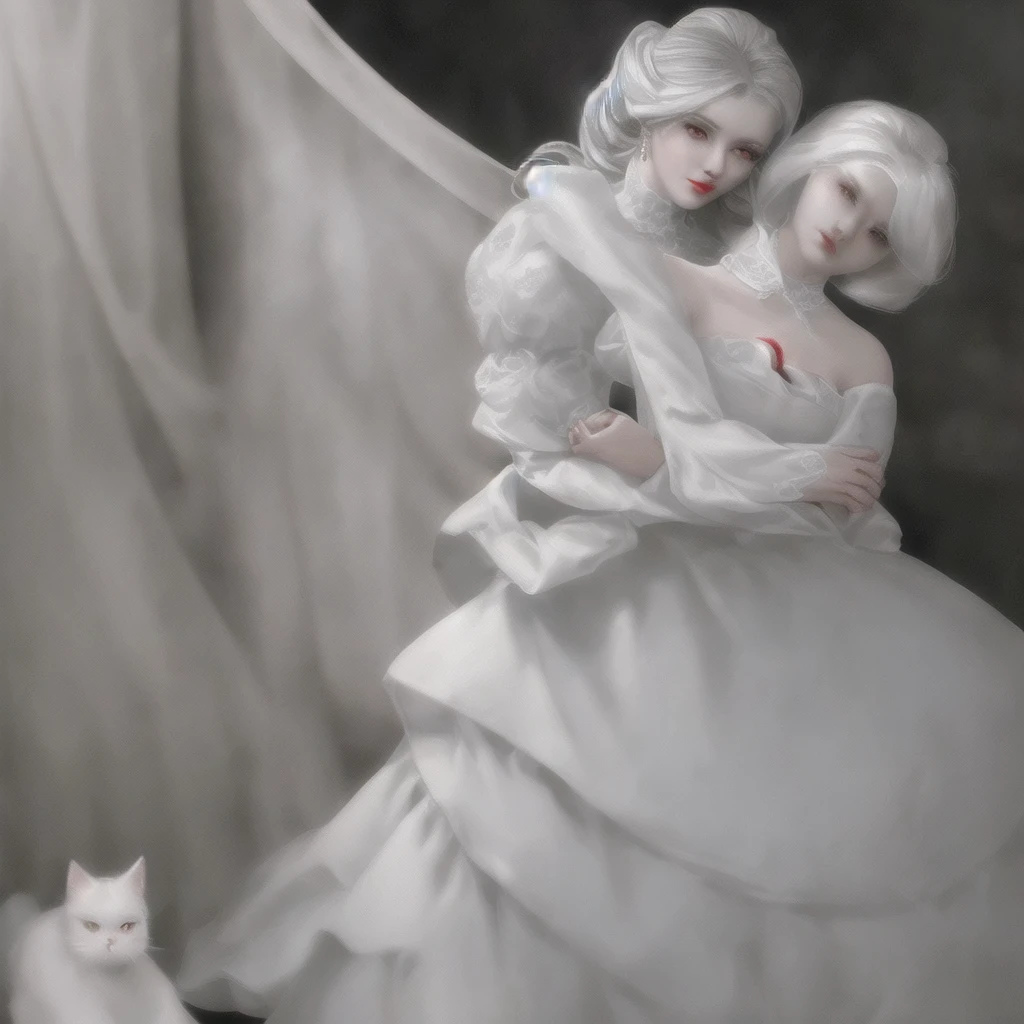 A gray-haired girl with very white skin and very red lips, wearing a white dress with blue embroidery, who is hugging a white Persian cat with black spots.