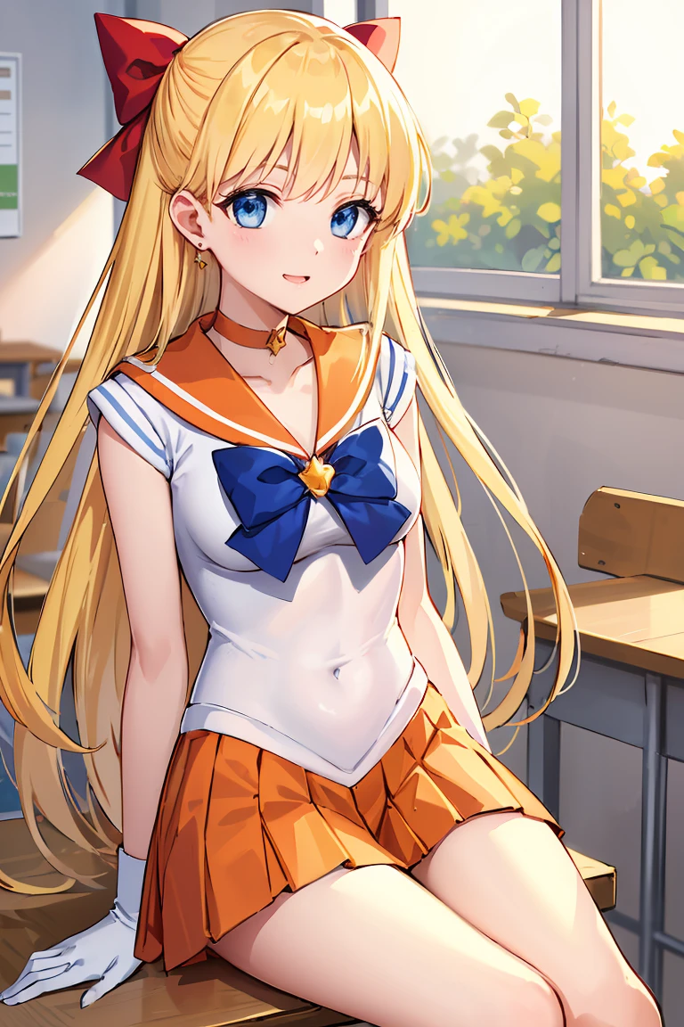 masterpiece, Highest quality, High resolution, Venus 1, One girl, alone, Sailor Warrior Uniforms, Sailor Venus, aino minako, Blonde, Magical girl, blue eyes, Orange Skirt, Elbow hand pockets, tiara, Pleated skirt, Hair Ribbon, Orange sailor collar, mini skirt, choker, Red Bow, orange choker, White gloves, Very long hair,  jewelry,  Earrings, Sitting, Crossing your legs,The background is a school classroom,smile、