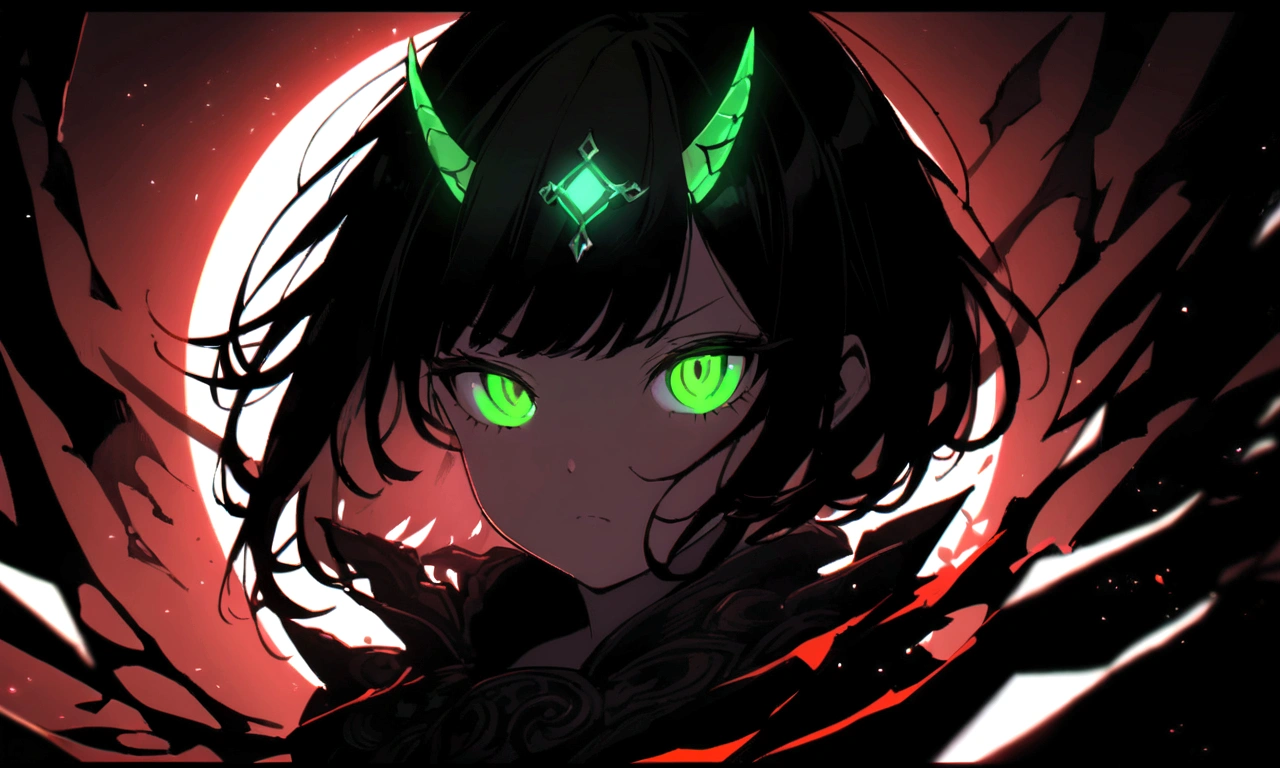 (masterpiece, best quality, ultra-detailed, best shadow), (detailed background,dark fantasy), black dragon horn on head detail, (brave cute detailed face), high contrast, (best illumination, an extremely delicate and beautiful), ((cinematic light)), colorful, hyper detail, dramatic light, intricate details, (1girl, solo,black short hair, sharp face,green eyes, hair between eyes,dynamic angle), blood splatter, moon, red magic light, swirling black light around the character, depth of field,black light particles,(broken glass),magic circle,