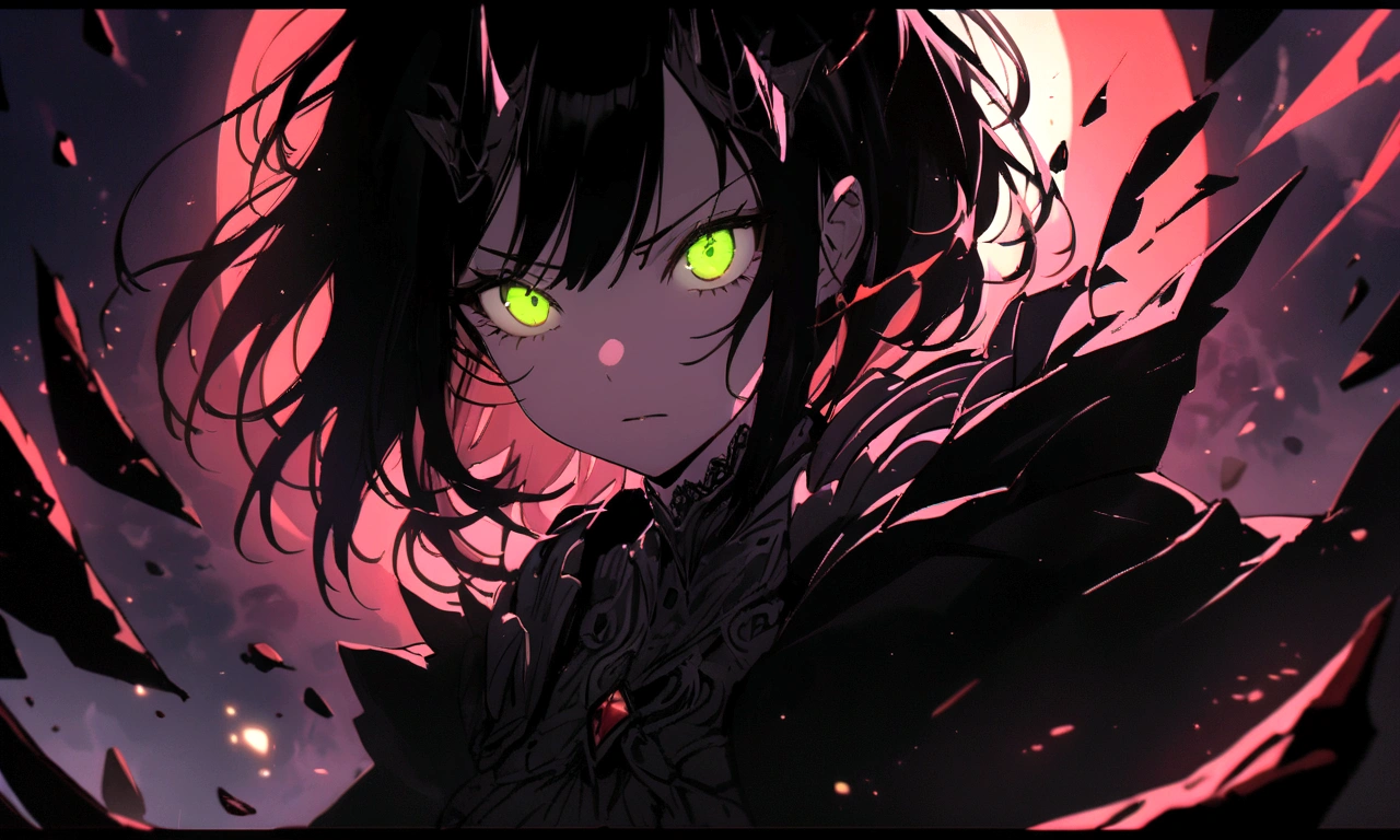 (masterpiece, best quality, ultra-detailed, best shadow), (detailed background,dark fantasy), black dragon horn on head detail, (brave cute detailed face), high contrast, (best illumination, an extremely delicate and beautiful), ((cinematic light)), colorful, hyper detail, dramatic light, intricate details, (1girl, solo,black short hair, sharp face,green eyes, hair between eyes,dynamic angle), blood splatter, moon, red magic light, swirling black light around the character, depth of field,black light particles,(broken glass),magic circle,