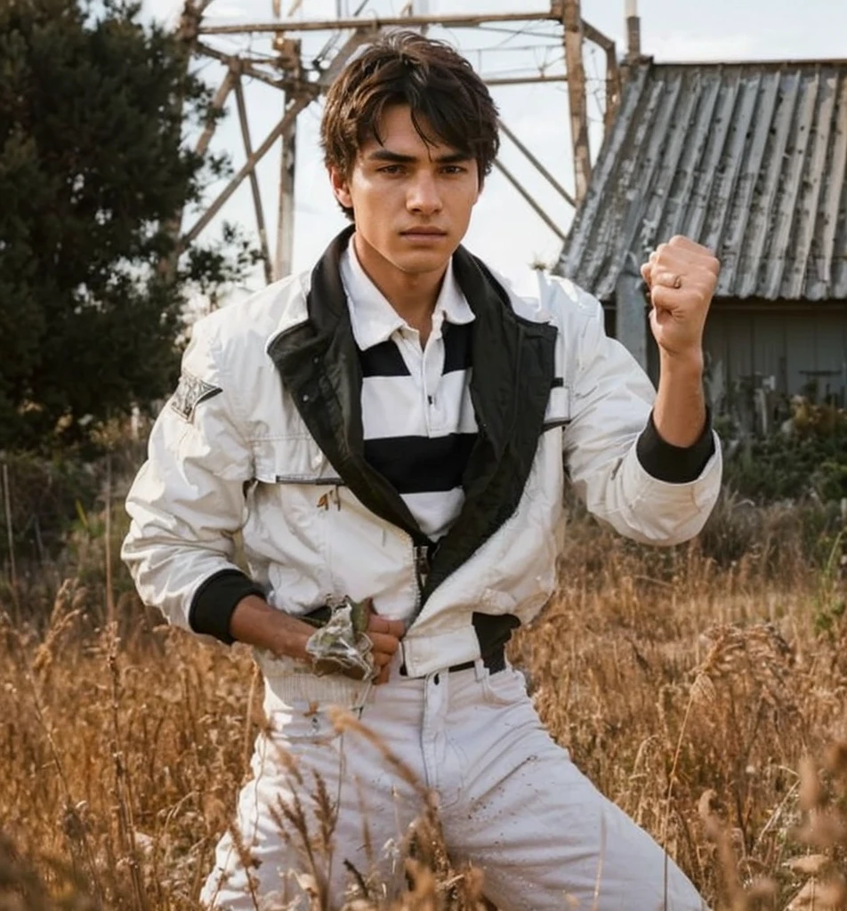 A young man, a hero in a white jacket and black stripes, stands in a field of tall, dry grass, his fist clenched, his face determined. A weathered building and a tangle of metal structures loom in the background, creating a sense of mystery and danger.