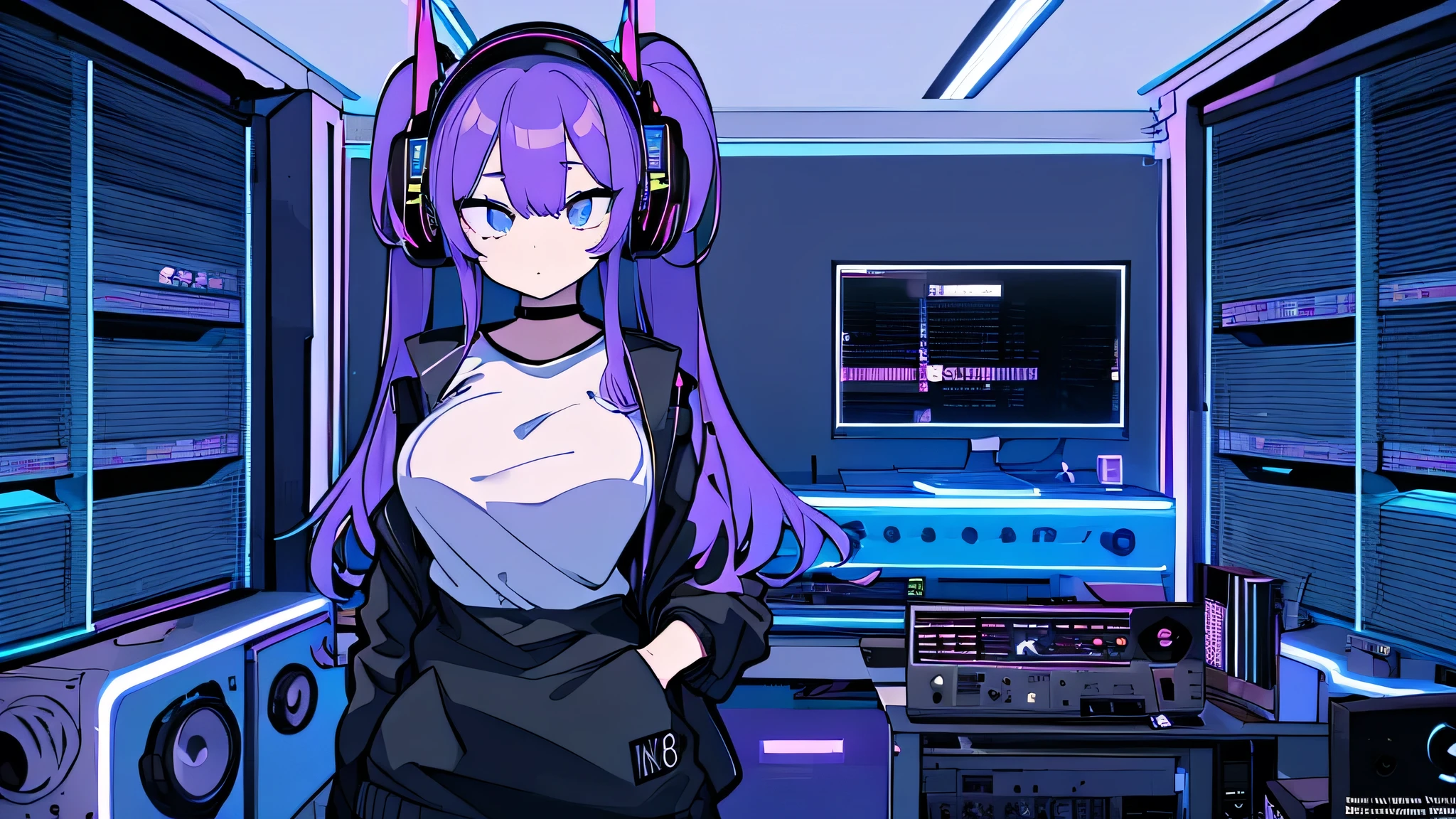 Best quality, (masterpiece), best detail face,1 girl, big breasts, 18 yo, 8k,absurdres,unity 8k wall paper,(extremely detailed:1.3), highest realistic, (retro headphones:), (soft neon light:), (psychedelic), Her room full of music equipment and records, sports wear , See the whole room, She is at the end of the room, dark blue color palette
