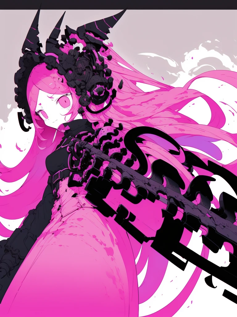 Create a simple yet highly detailed illustration of a young female character with long pink hair. She has black horns and is wearing a gothic-style outfit in black and pink. The character is holding a large scythe and has an angry expression. The background is plain pink with no additional images or illustrations. The overall style should be clean and minimalist, with high-contrast colors focusing on pink and black, blending cute and dark elements. The character should be centered in the composition.cute、smile、6 heads