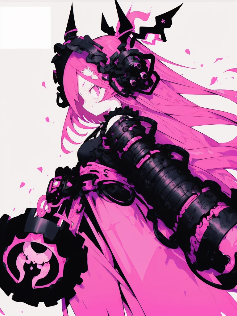 Create a simple yet highly detailed illustration of a young female character with long pink hair. She has black horns and is wearing a gothic-style outfit in black and pink. The character is holding a large scythe and has an angry expression. The background is plain pink with no additional images or illustrations. The overall style should be clean and minimalist, with high-contrast colors focusing on pink and black, blending cute and dark elements. The character should be centered in the composition.cute、smile、6 heads