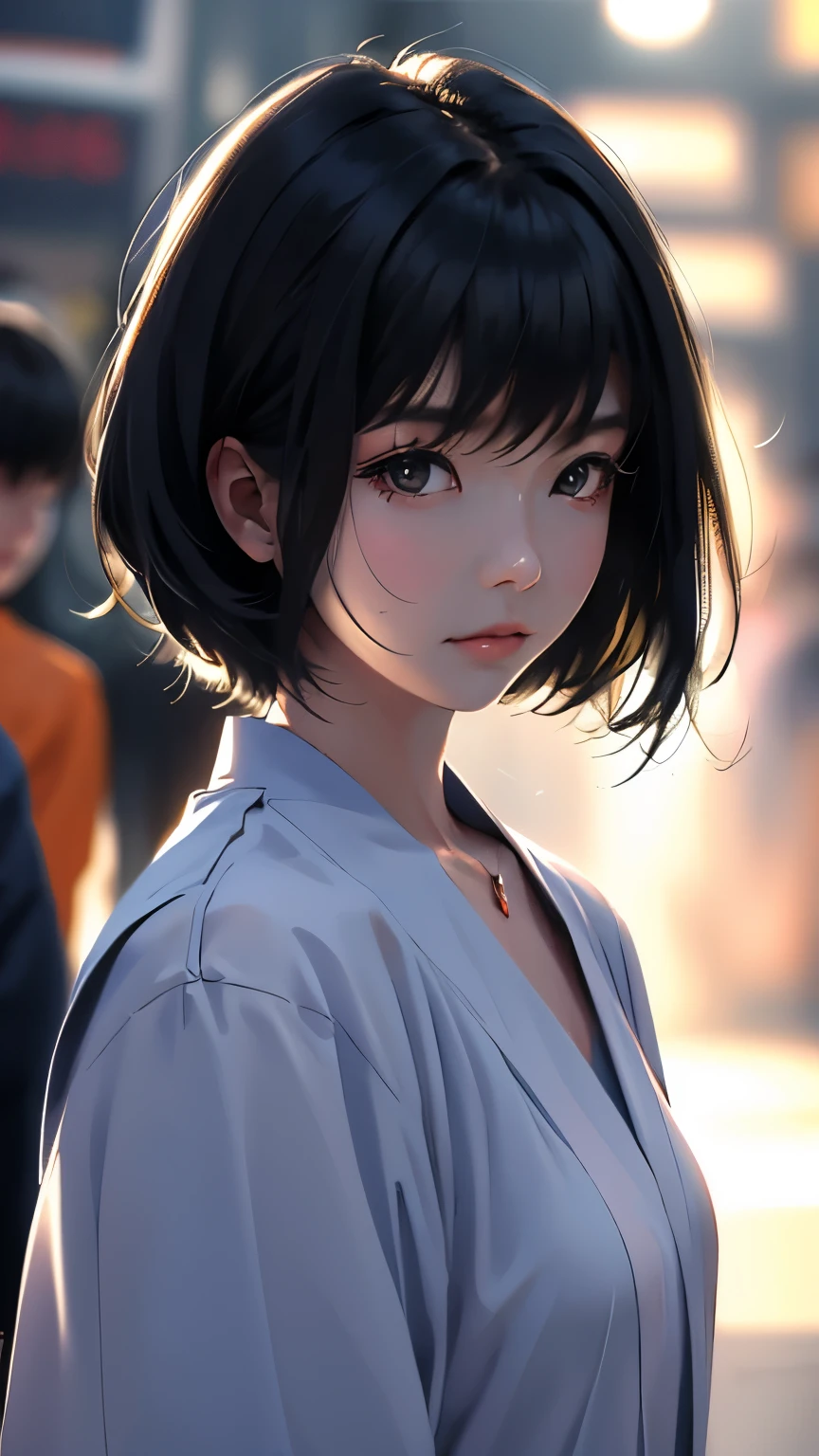 Shibuya Scramble Crossing、Beautiful lighting、Dynamic Angles、Photo portrait、sharp、Black hair princess cut、Masterpiece、Highest quality、22 years old、nurse、Upper Body、Moderate bust、Asian、woman
