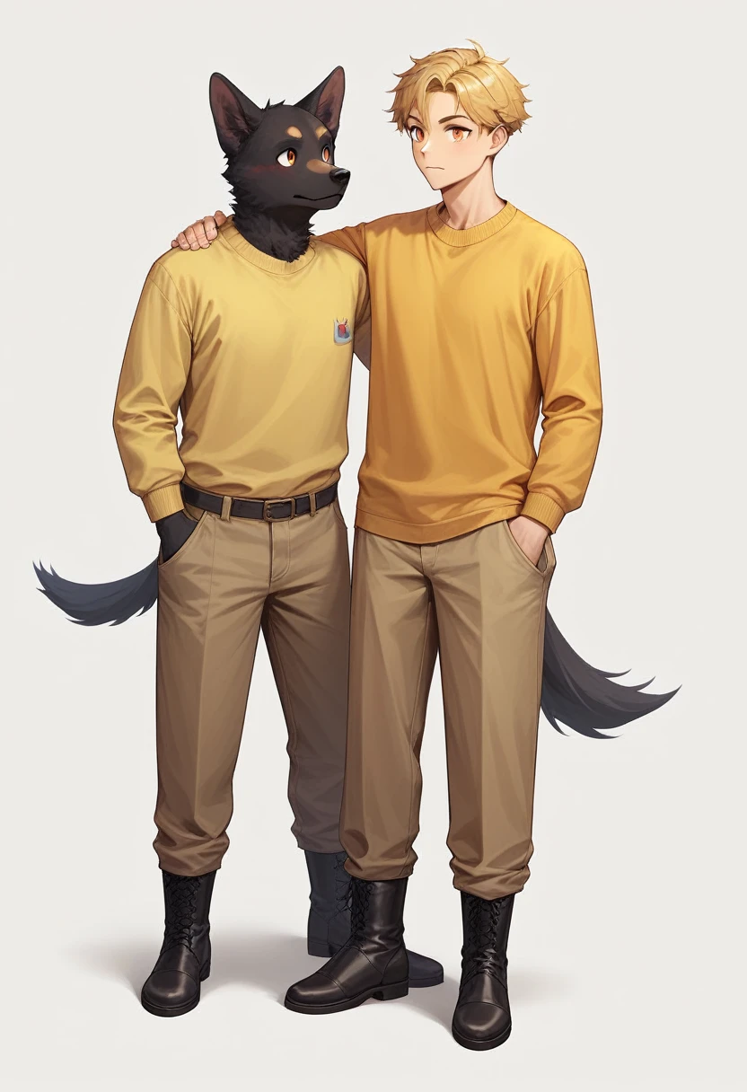 ((Best quality, masterpiece)), 
1 guy, blond short hair, orange eyes, neko-, dog black fluffy ears, Yellow Sweater, brown pants, black boots, White background