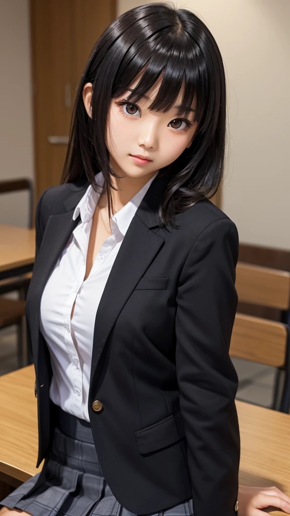 ((Tabletop)), (Detailed face), (highlight), Asian Girl、Black Hair、Heavy bangs、high school girl、skirt、blazer、Support your chest with your arms、Gazing Eyes、