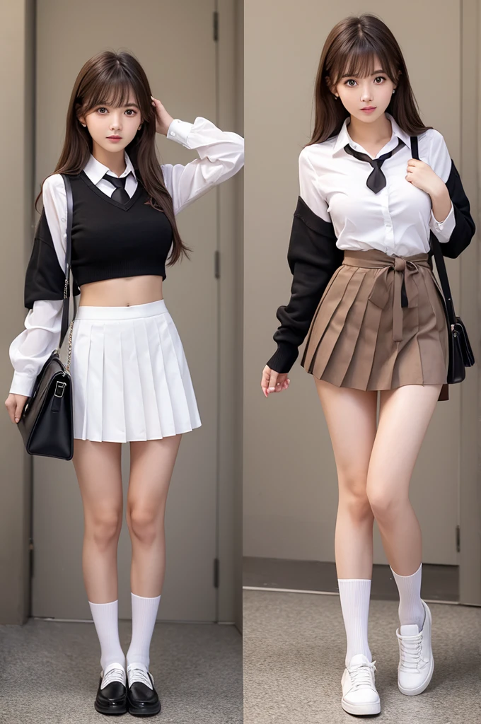 1girl, long hair, breasts, blush, bangs, skirt, simple background, brown hair, shirt, white background, navel, brown eyes, jewelry, underwear, , standing, collarbone, panties, full body, white shirt, ass, thighs, pleated skirt, necktie, shoes, socks, collared shirt, miniskirt, black skirt, bag, black footwear, white panties, multiple views, sleeves rolled up, school bag, clothes around waist, satin, satin panties
