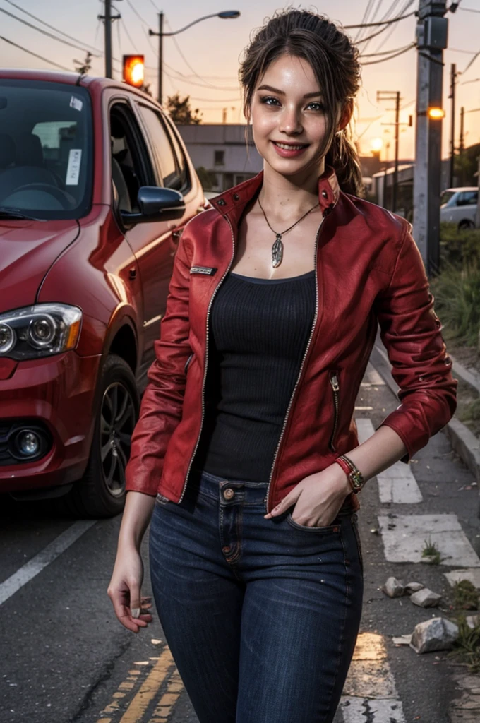 1girl, (realistic),(hyperrealism),(best quality),(masterpiece),(ultra high res),(photorealistic),idol,eye makeup,detailed eyes,detailed face,black dress, claireredfield2, brown hair, (red jacket:1.2), ponytail, (denim pants:1.3),, red wristband,, abandoned street, burning cars in background, littered street, smoke, chaos, zombie apocalypse, daytime, sunny,, hands in pocket, looking at viewer, smiling, closeup shot
