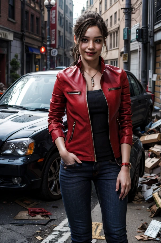 1girl, (realistic),(hyperrealism),(best quality),(masterpiece),(ultra high res),(photorealistic),idol,eye makeup,detailed eyes,detailed face,black dress, claireredfield2, brown hair, (red jacket:1.2), ponytail, (denim pants:1.3),, red wristband,, abandoned street, burning cars in background, littered street, smoke, chaos, zombie apocalypse, daytime, sunny,, hands in pocket, looking at viewer, smiling, closeup shot