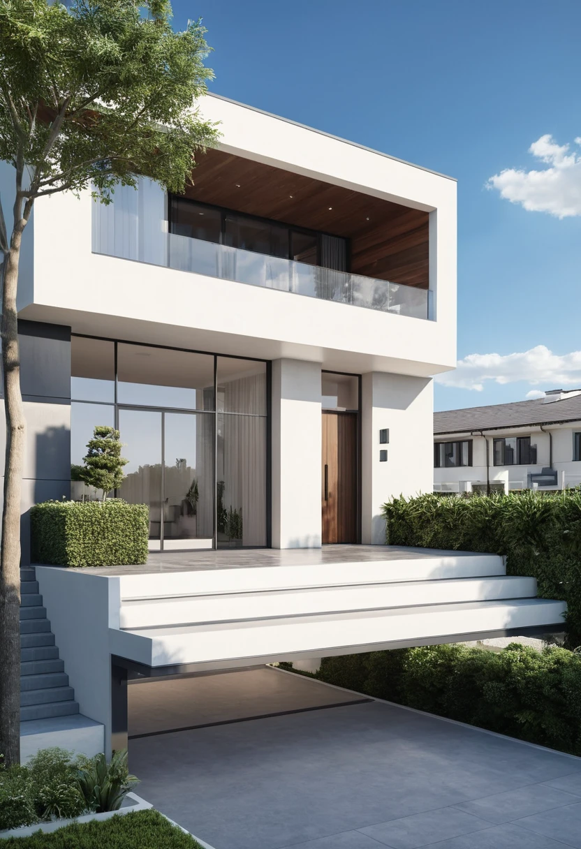 Architectural style Architectural style, ((Modern Style House)),(masterpiece) , ((best quality)), dramatic lighting, high quality outdoors, sky, day, cloud, tree, blue sky, building, scenery, road, real world location, sunlight, enough detail, high resolution,super realistic, Photorealistic, highly detailed, balcony, plants, door, car, paving, , architectural drawing, highly detailed , . Clean lines, geometric shapes, minimalist, modern, architectural drawing, highly detailed