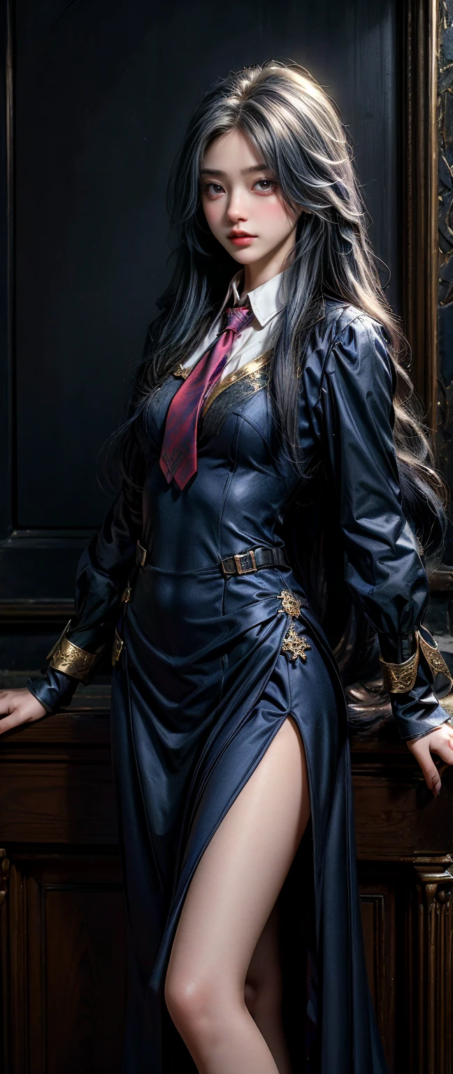 woman,long golden hairอ่อน,blue witch school uniform,Wear a blue tie with a cut pattern., half body, Highest quality, Highest picture quality, high resolution, realistic, 8K, Highly detailed,In a small dark medieval room, blue witch , long golden hair,golden hair