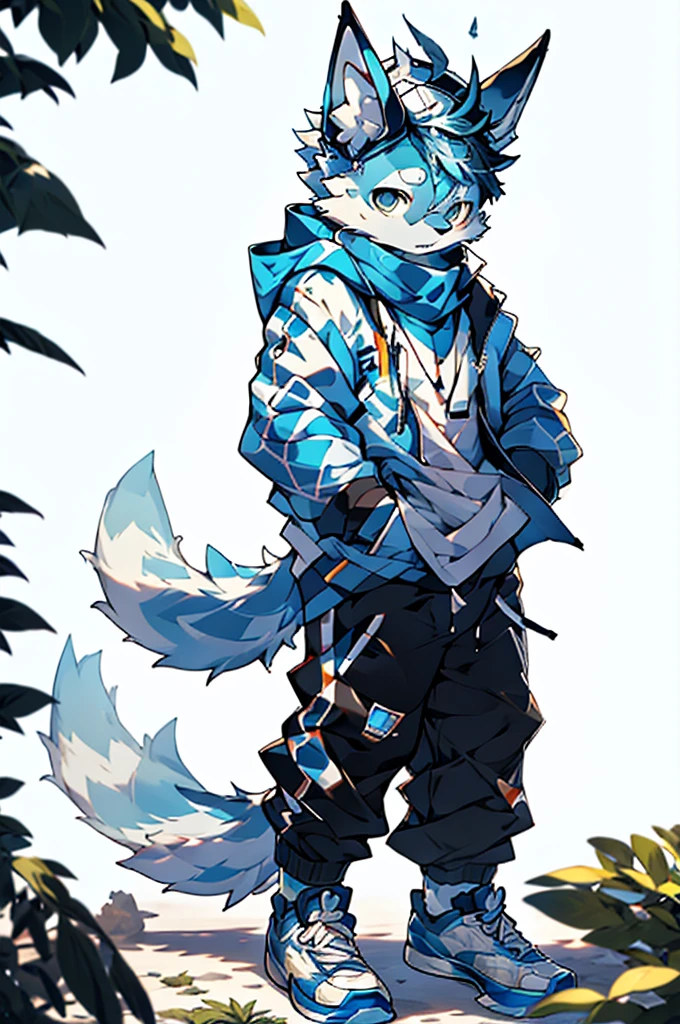 a tall humanoid creature with blue and white fur, a tinge of blue hair on the head, a cowlick tuft of blue hair on the crown, star-shaped markings on the palms, wearing a blue and white hoodie, blue sweatpants, black framed glasses, white sneakers, and a white hat and scarf when feeling cold, ultra-detailed, (best quality,4k,8k,highres,masterpiece:1.2),ultra-detailed,(realistic,photorealistic,photo-realistic:1.37),studio lighting,extreme detail description,vivid colors,concept art