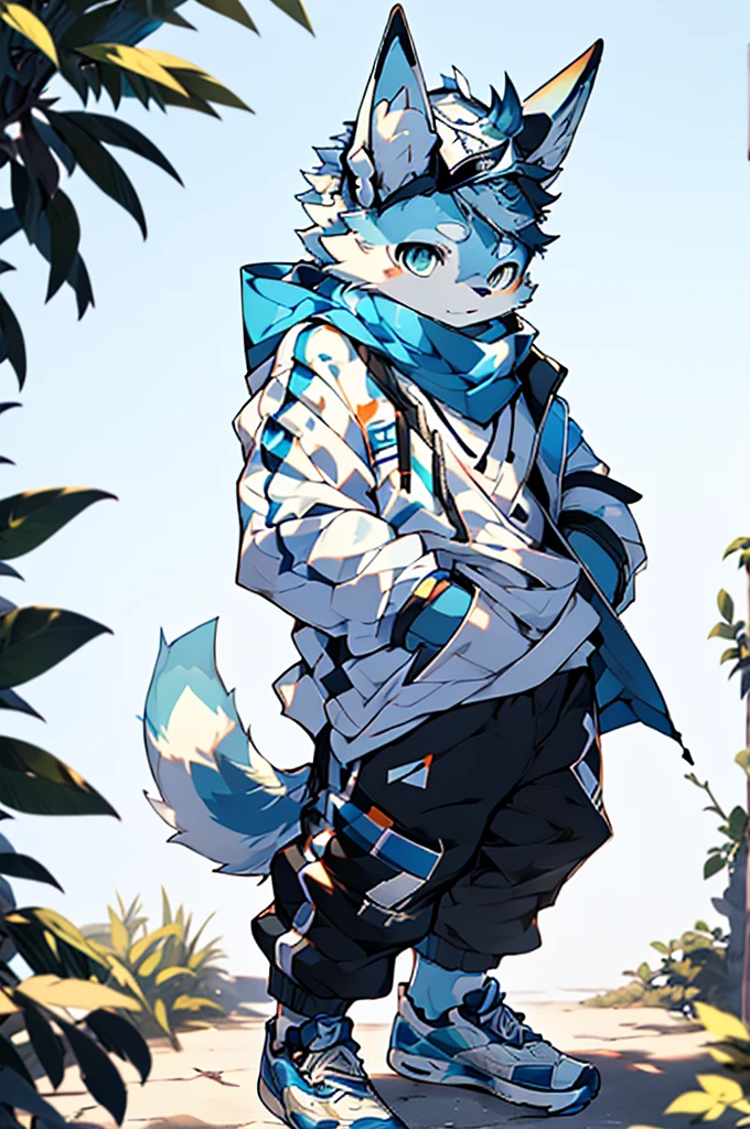 a tall humanoid creature with blue and white fur, a tinge of blue hair on the head, a cowlick tuft of blue hair on the crown, star-shaped markings on the palms, wearing a blue and white hoodie, blue sweatpants, black framed glasses, white sneakers, and a white hat and scarf when feeling cold, ultra-detailed, (best quality,4k,8k,highres,masterpiece:1.2),ultra-detailed,(realistic,photorealistic,photo-realistic:1.37),studio lighting,extreme detail description,vivid colors,concept art