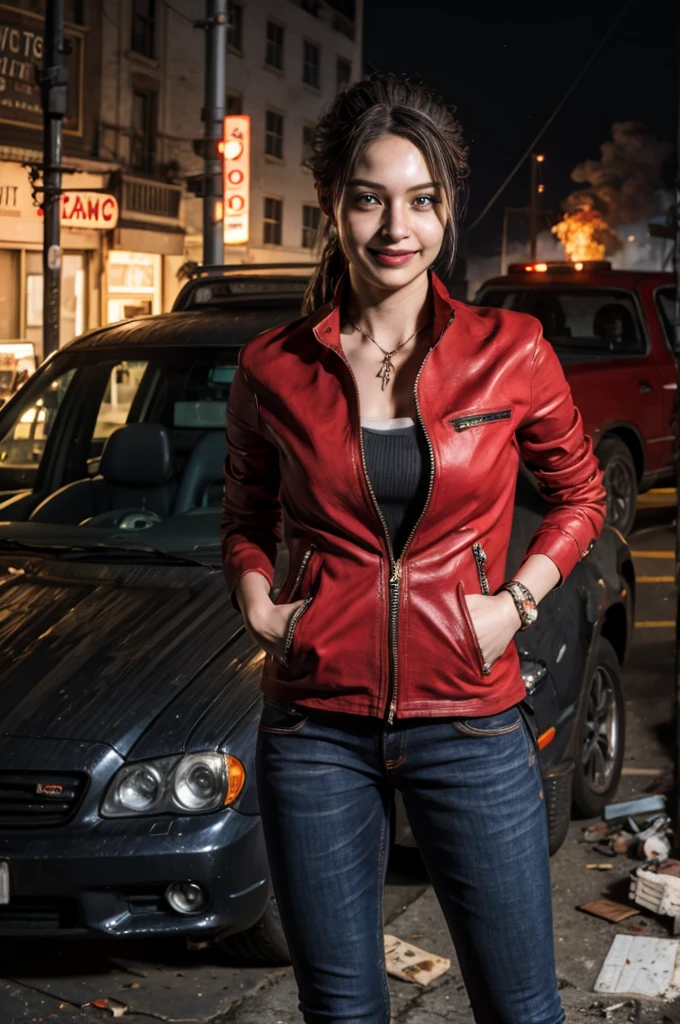 1girl, (realistic),(hyperrealism),(best quality),(masterpiece),(ultra high res),(photorealistic),idol,eye makeup,detailed eyes,detailed face,black dress, claireredfield2, brown hair, (red jacket:1.2), ponytail, (denim pants:1.3),, red wristband,, abandoned street, burning cars in background, littered street, smoke, chaos, zombie apocalypse, daytime, sunny,, hands in pocket, looking at viewer, smiling, closeup shot