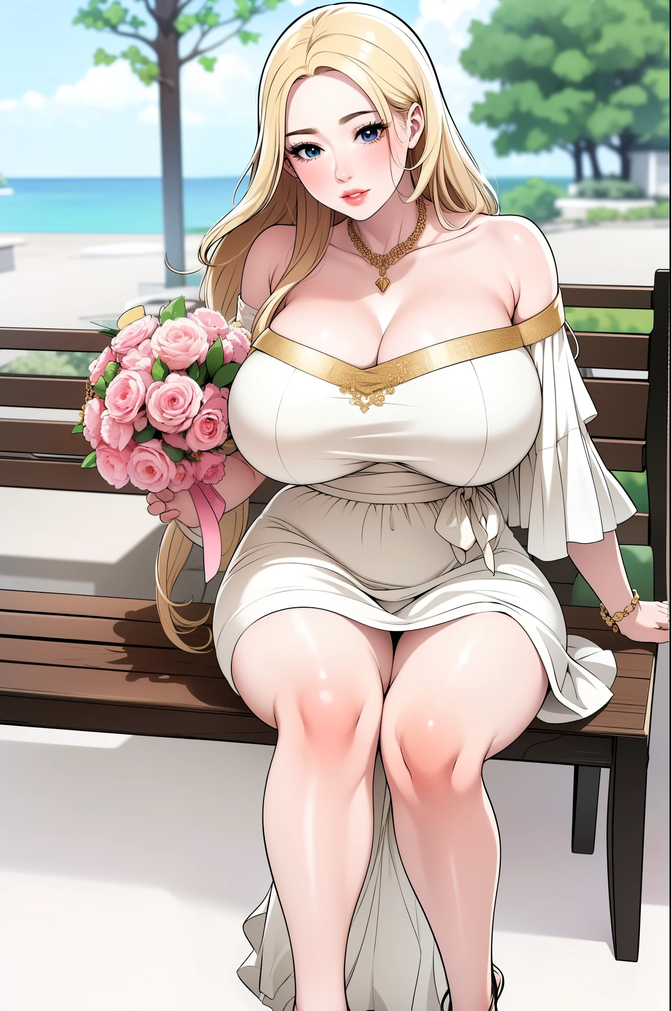 An extremely beautiful stunning  woman, with gold blonde long silky hair, big blue eyes, extremely super bright snow white fair stunning flawless glowing lush shiny flawless white skin, a perfect tight hourglass figure, and a skinny waist, sexy ck smooth luscious legs and thighs, extremely cute smile on the face, bright pink blushes on cheeks, wearing a short sexy tigrevealing white floral dress along with a pink sash around the waist and a brown off-shoulder sweater, yellow heels, gold necklace on the neck, gold anklets on feet, gold chain on the waist, sitting legs crossed on a bench, holding a red roses bouquet, park in the background, show full body from head to feet.
