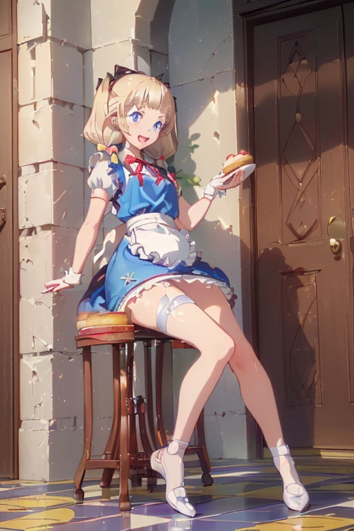 (perky chest:1.2), (pointed chest:1.2),(((Black Tunic:1.3))),(((cakes and bread in the basket),Cute and beautiful girl,Cute round face,Cute smile,with blush cheeks,Red Lip,a girl 22 years old, nsfw:1.2, beautiful body:1.3), shinny skin, BREAK, ((alice in the wonderland:1.3, cute, kawaii, lovely, funny, a girl falling down from sky:1.3, girl flying in sky:1.2, girl floating in air:1.3, rolling upskirt by wind:1.5, (with sparkling eyes and a contagious smile),open mouth, Looking at Viewer, surprised, putting hands on crotch over the skirts:1.35)), BREAK, ((floating things as follows:1.3, PlayingCards, Trump, tea cup, tea pot, tea spoons, pocket watch:1.3, lip sticks, candies:1.2, cookies, jam bottles, classical door_keys)), ((long purply_Blue dress :1.5, wearing long flaired skirt:1.3, the skirt is blowing:1.3, cute White Apron, black stockingedium long platinum-blonde hair:1.2, twin tail hair:1.6, tied hair with a large ribbon), (Blue eyes, bright pupils with highlights, detailed eyes), (lying down on your back:0.7, spreading legs with rising up straight:0.7), sexy posture, fantastic colorful art, (fantasy art:1.2, wondered images), ((correct anatomy:1.5, perfect anatomy:1.3, correct hand, small foot:1.2)),