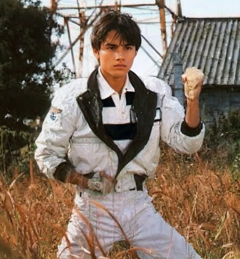 A young man, a hero in a white jacket and black stripes, stands in a field of tall, dry grass, his fist clenched, his face determined. A weathered building and a tangle of metal structures loom in the background, creating a sense of mystery and danger.