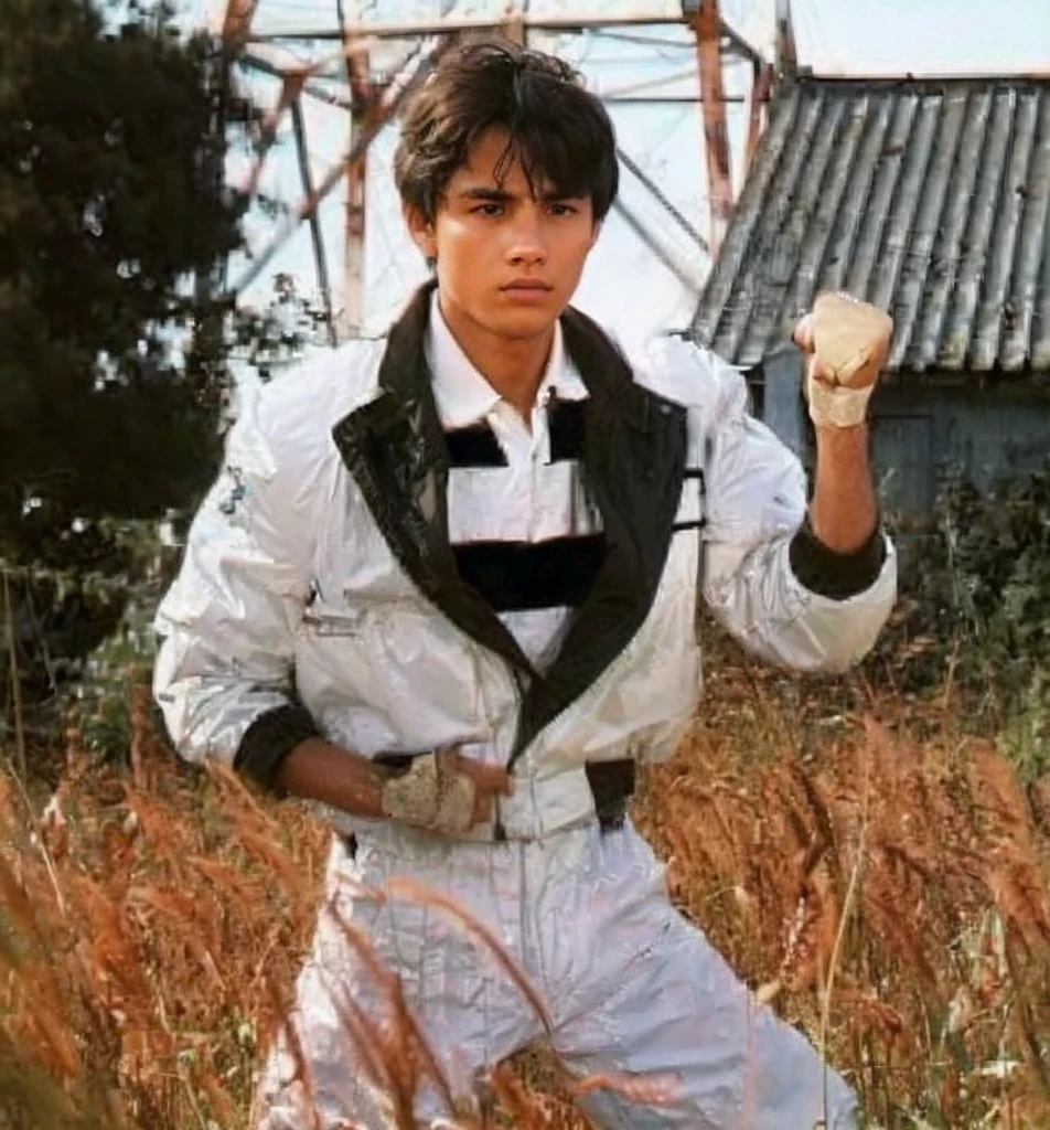 A young man, a hero in a white jacket and black stripes, stands in a field of tall, dry grass, his fist clenched, his face determined. A weathered building and a tangle of metal structures loom in the background, creating a sense of mystery and danger.