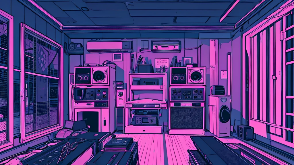 Best quality, (masterpiece), best detail face,1 girl, big breasts, 18 yo, 8k,absurdres,unity 8k wall paper,(extremely detailed:1.3), highest realistic, (retro headphones:), (soft neon light:), (psychedelic), Her room full of music equipment and records, sports wear , See the whole room, She is at the end of the room, dark purple color palette