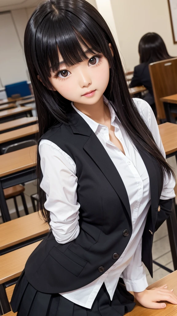 ((Tabletop)), (Detailed face), (highlight),　Asian Girl、Black Hair、Heavy bangs、high school girl、skirt、blazer、Support your chest with your arms、Gazing Eyes、