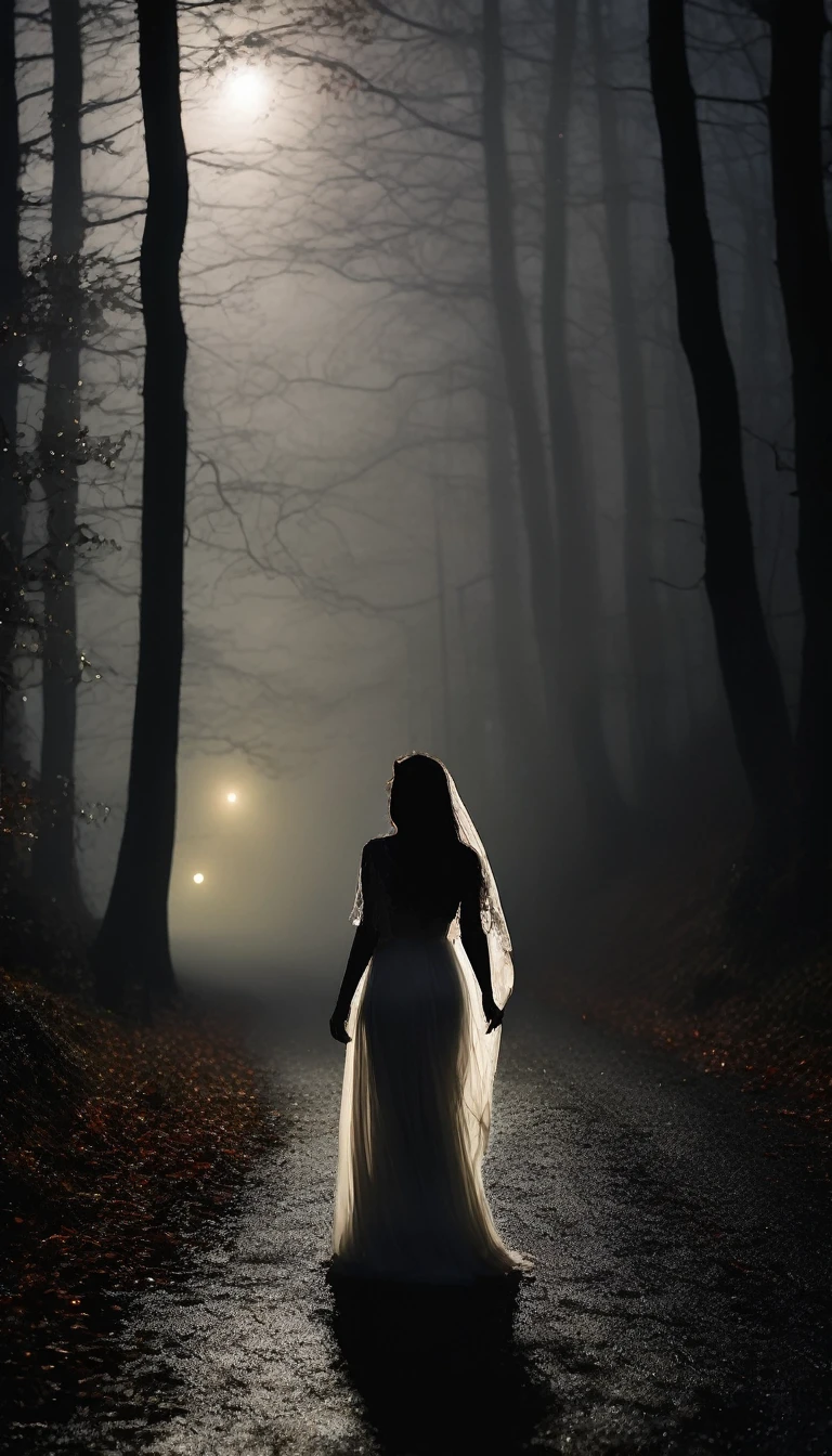 Silhouette of a woman in a flowing white dress on the side of a foggy forest road at night. She is barely visible through the thick mist, creating a ghostly, mysterious aura. The tall, twisted trees add to the eerie atmosphere. Cinematic, high contrast, spooky.