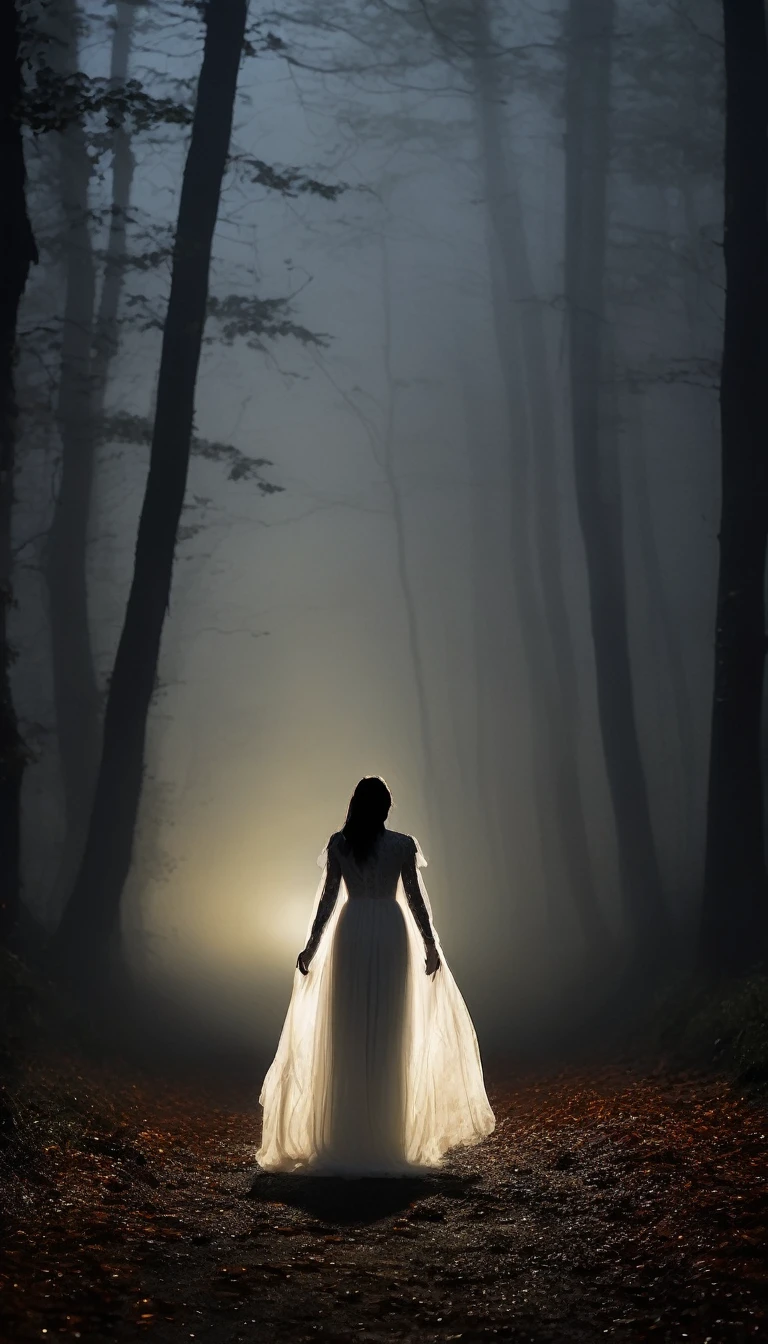 Silhouette of a woman in a flowing white dress on the side of a foggy forest road at night. She is barely visible through the thick mist, creating a ghostly, mysterious aura. The tall, twisted trees add to the eerie atmosphere. Cinematic, high contrast, spooky.