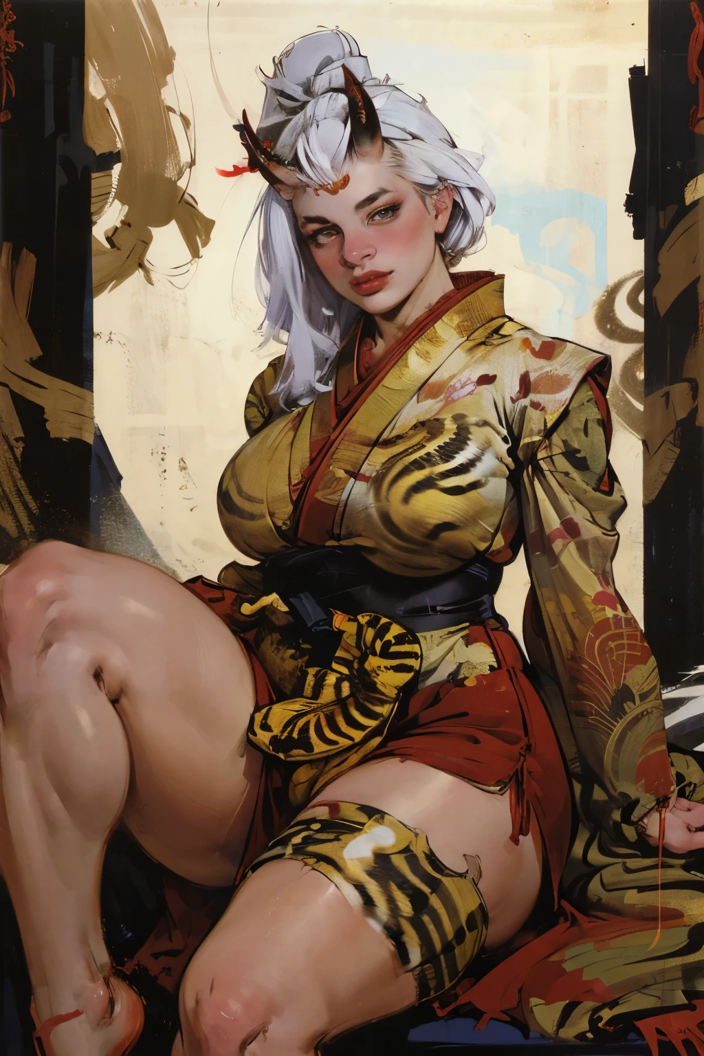 (beautiful) Asian (((Oni female))) warrior, sitting with legs spread, wearing (Tiger print short kimono), with ((thick curvy mature body)) yet ((muscular)), big size body, long and voluminous white hair blown by the wind, (2 long anime_Oni_horns ), reddish fair skin , (perfect detailed face features) expressive eyes with proud look , thick lips 