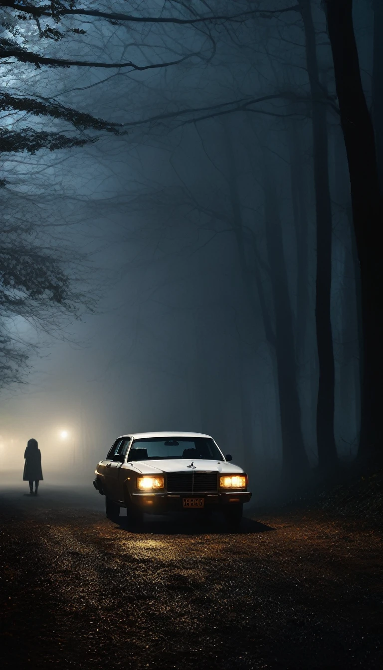 A car stopped on a dark, foggy forest road at night. The driver, a man, looks worried as he peers out the window at the woman in white. The surroundings are shadowy, with tall, twisted trees and dense fog. Cinematic, high contrast, spooky.