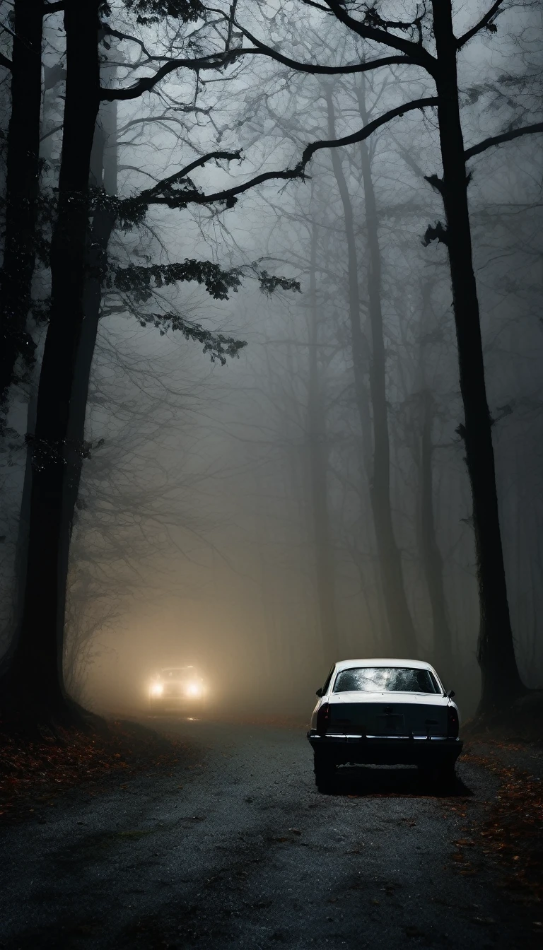 A car stopped on a dark, foggy forest road at night. The driver, a man, looks worried as he peers out the window at the woman in white. The surroundings are shadowy, with tall, twisted trees and dense fog. Cinematic, high contrast, spooky.