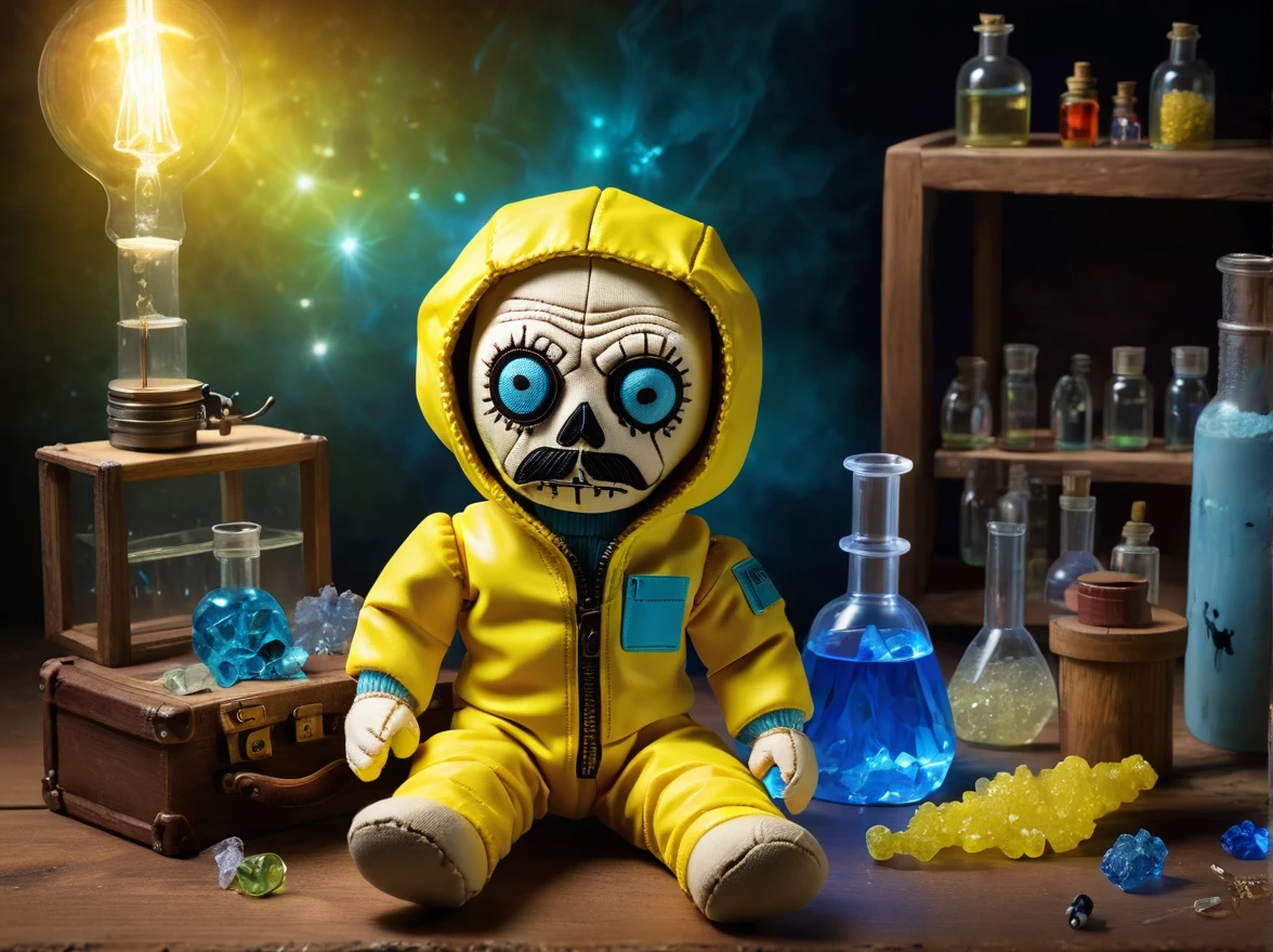 (knitted toy voodoo doll:1.6), (Voodoo Walter White:1.3), (Clothing: yellow hazmat suit:1.0), (Accessories: beaker, bag of blue crystals, small chemistry set:1.2), (background: secret lab with bubbling chemicals and glowing equipment, ethereal light illuminating the scene:1.2), best quality, masterpiece, detailed soft oil painting, detailed background, dramatic cinematic lighting, soft edge lighting, professional, dramatic lighting, hard edge lighting,
ultra quality, 4k,masterpiece, best quality, 8k, ultra highres, highres, extremely detailed
