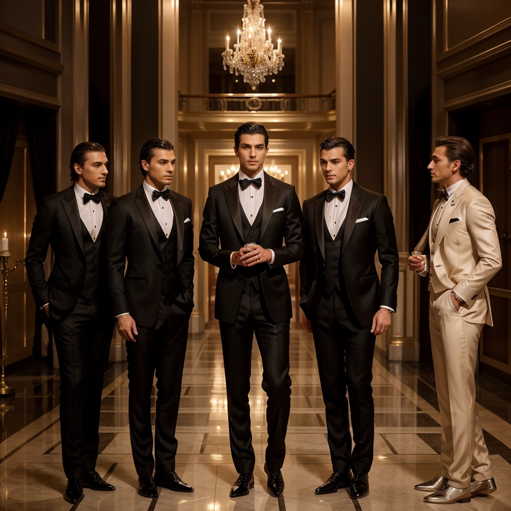 Capture the elegance and sophistication of four individuals, comprising four men. The four men don black tuxedos, They stand side by side on the grand opera stage, exuding an air of utmost refinement and poise. Ensure the image is a realistic, ultra HD portrayal of this scene.