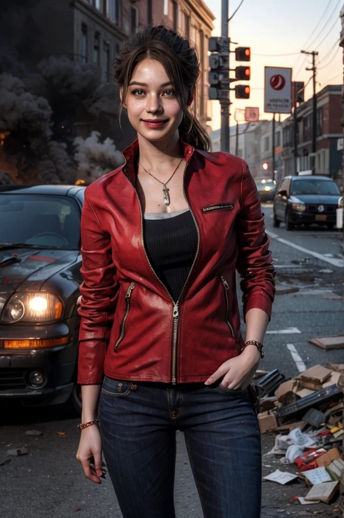 1girl, (realistic),(hyperrealism),(best quality),(masterpiece),(ultra high res),(photorealistic),idol,eye makeup,detailed eyes,detailed face,black dress, claireredfield2, brown hair, (red jacket:1.2), ponytail, (denim pants:1.3),,  red wristband,,  abandoned street, burning cars in background, littered street, smoke, chaos, zombie apocalypse, daytime, sunny,,  hands in pocket, looking at viewer, smiling, closeup shot