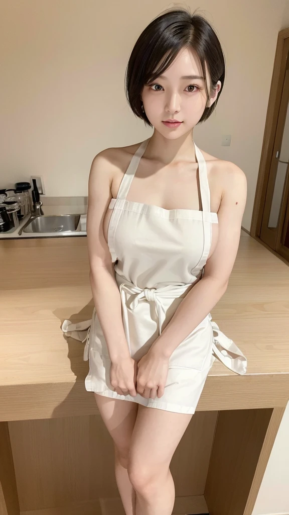 ((Highest quality, 8K, masterpiece: 1.3)), A beautiful Japanese girl, Beautiful woman with slim abs: 1.3, (Medium Short Hair, big: 1.2), (White nude apron: 1.3), Highly detailed face, Fine grain, double eyelid, Cafe Background, Leaning forward, hands on knees,Full Body Shot
